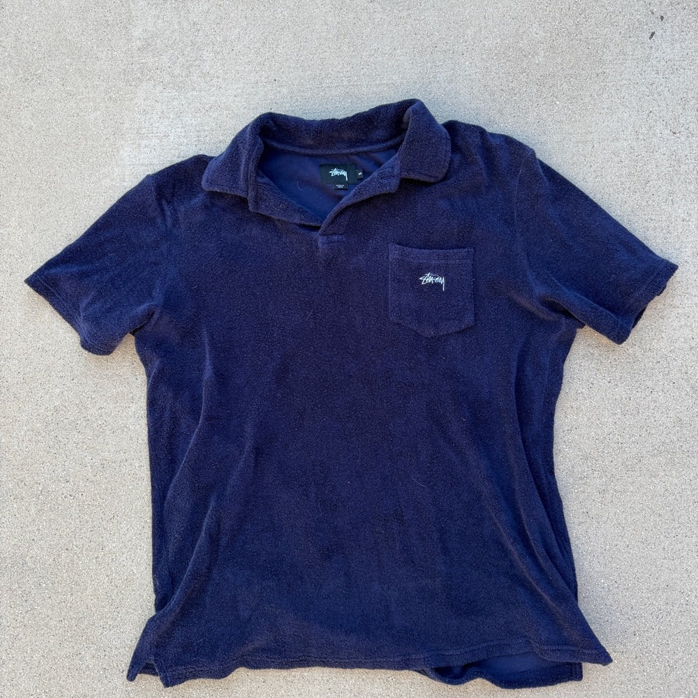Stussy Men's Deep Blue Terry Cloth Polo Shirt